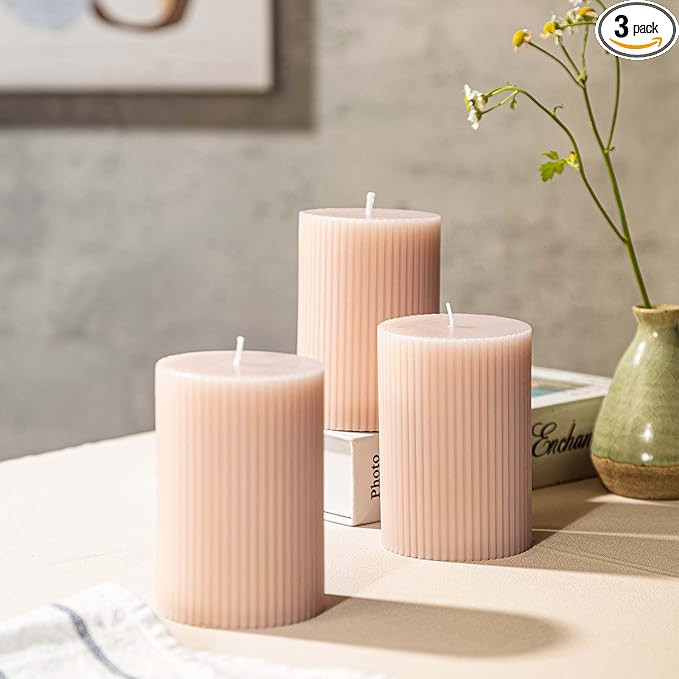 3-Pack Pink Beige Ribbed Pillar Candles Unscented, 2.75x4 Inches Whisper Pink Beige Candles Handm... | Amazon (US)