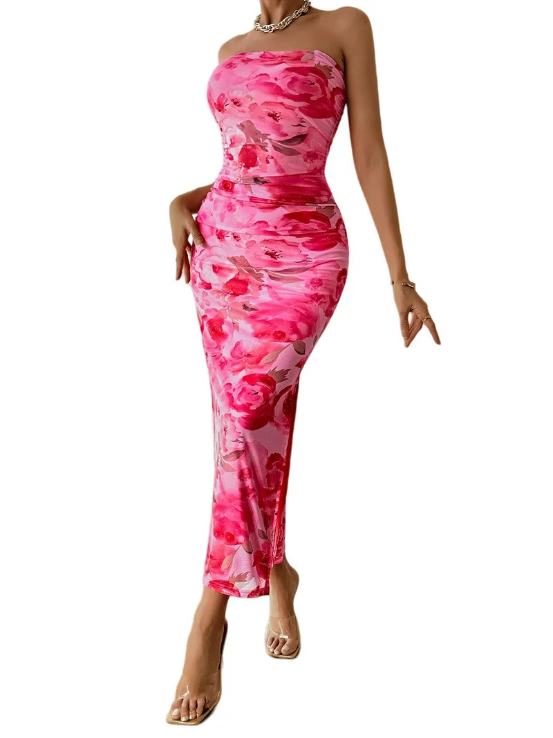 PRETTYGARDEN Women's Summer Maxi Bodycon Dresses Strapless Tube Top Printed Long Party Club Slit ... | Walmart (US)