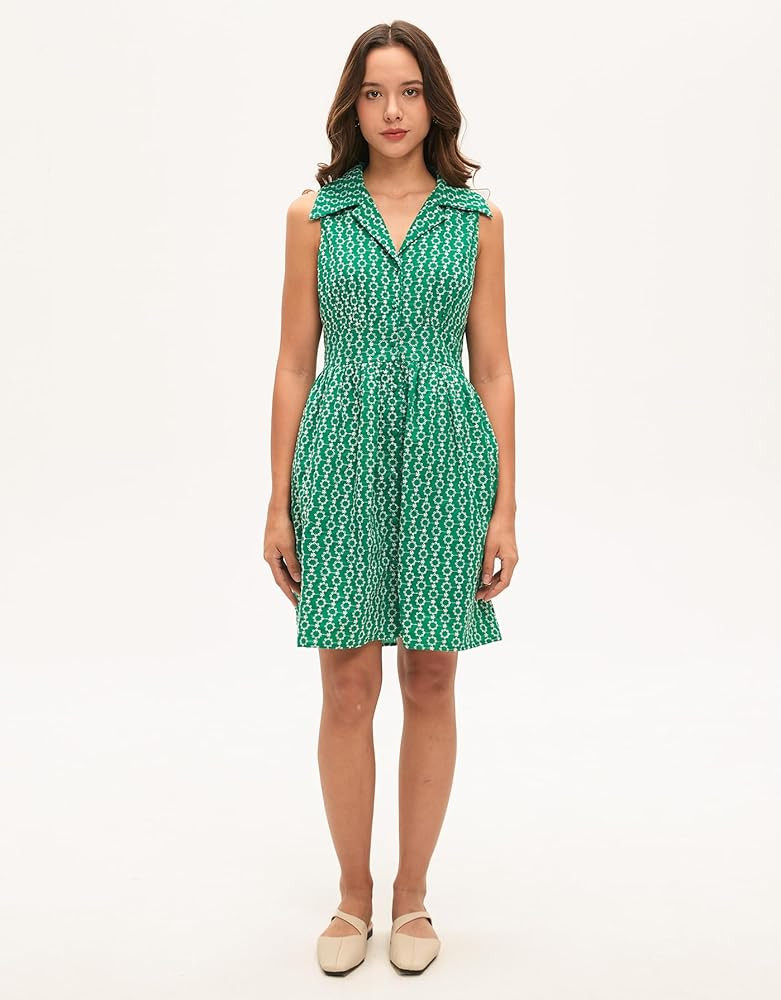 Women Eyelet Sleeveless Shirt Dress Button Down Short Dress V Neck Tunic Mini Dress with Pockets | Amazon (US)