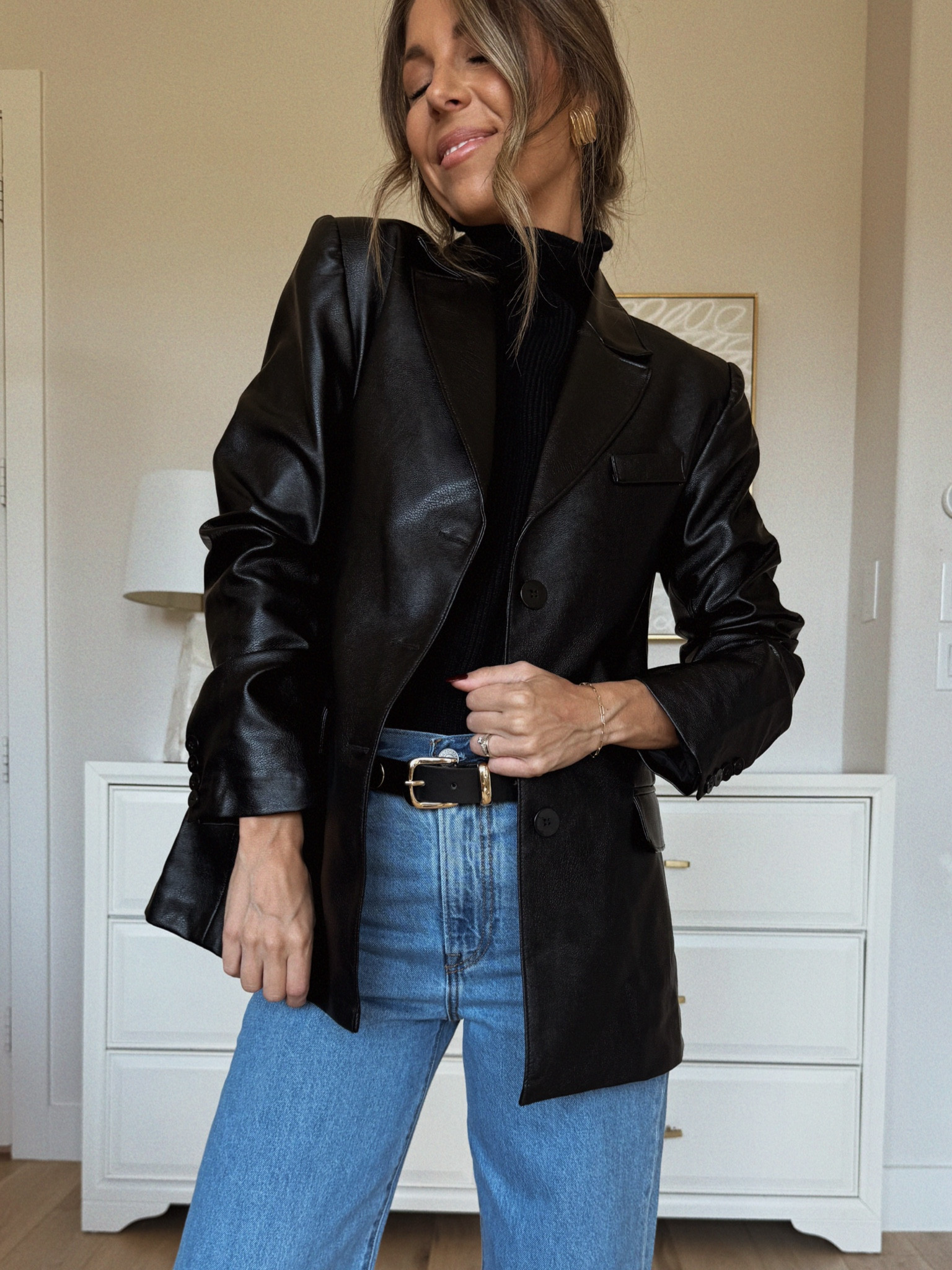 The most perfect faux leather blazer you’ll wear for years 🖤 this @nordstromrack find was an immediate add to cart!!! #NordstromRackPartner #RackScore the studded belt was under $20 and I found a few staple black turtlenecks too!! 

#LTKStyleTip #LTKSaleAlert #LTKFindsUnder100