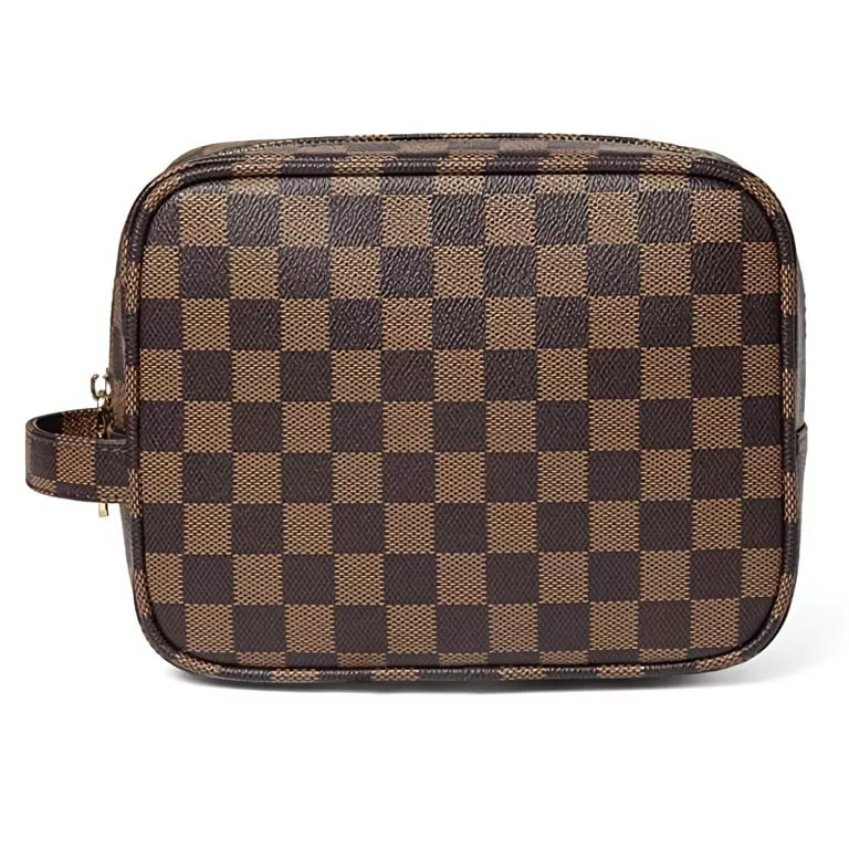 Checkered Travel Makeup Bag, Vegan Leather Large Retro Cosmetic Pouch, Toiletry  Bag for Women, Portable and Waterproof, Brown 