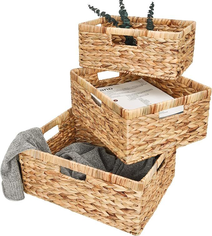 StorageWorks Hand-Woven Rectangular Wicker Baskets Set, Water Hyacinth Storage Baskets with Built... | Amazon (US)