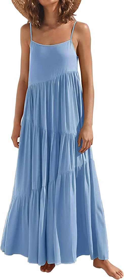LCRRRN Womens Summer Dresses 2023 Loose Sleeveless Spaghetti Strap Asymmetric Tiered Maxi Dress | Amazon (US)
