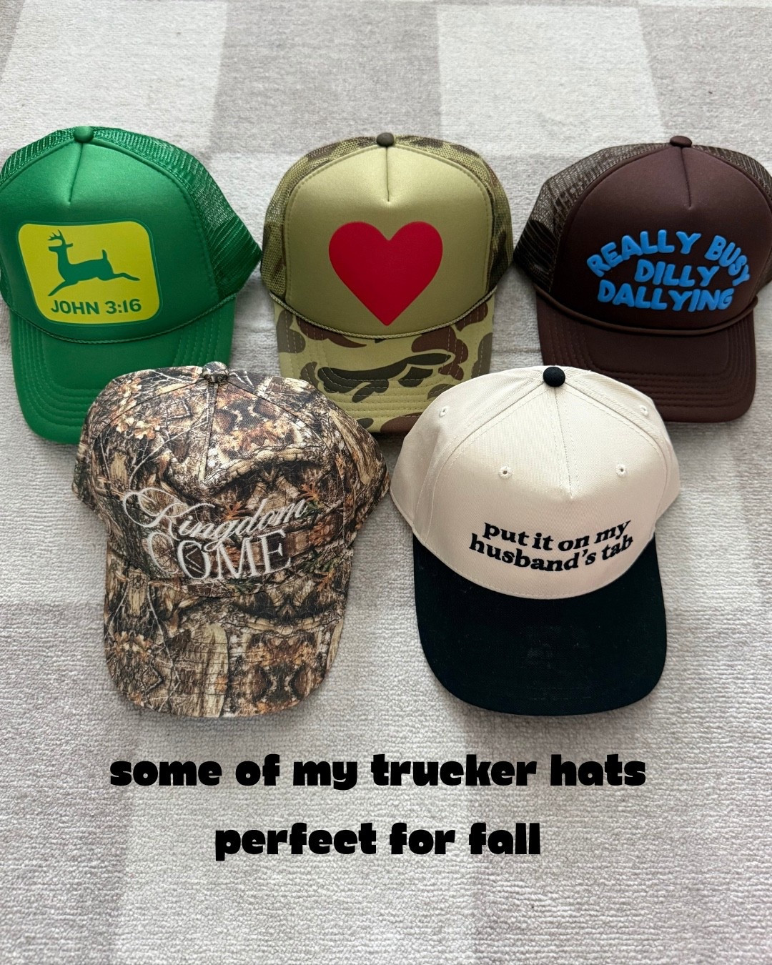Love me a trucker hat and these are perfect for fall!! The camo, greens, browns and black! 
🤎Dilly Dally hat save with code MANDIE15 
