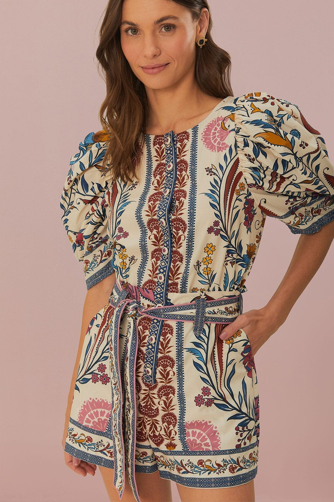 Cream Romantic Lightness Belted Romper | Farm Rio EU