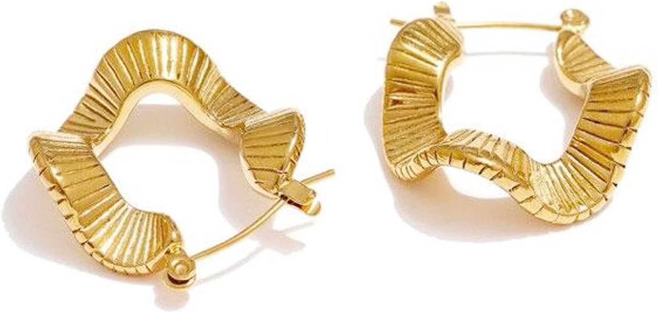 Gold Statement Earrings for Women 18K Gold Wave Hoop Earrings Dainty Irregular Earrings Geometric... | Amazon (US)