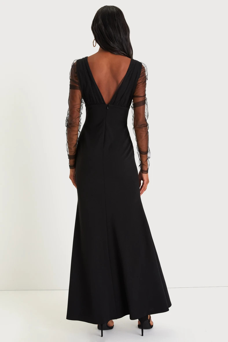 Red Carpet Energy Black Tulle Long Sleeve Mermaid Maxi Dress | Lulus