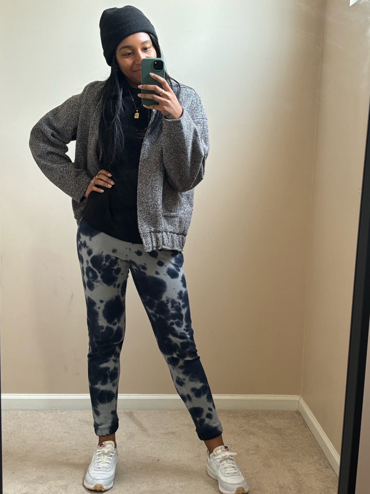 A perfect work from home outfit. A great look for a chilly rainy day! 

I love these printed sweat pants, they add interest to a boring outfit. 