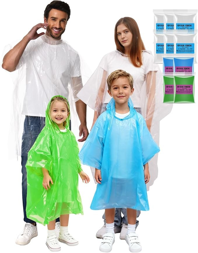 Disposable Rain Poncho Family 10 Pack for Adults & Kids with Hood - 2X-Thicker for Theme Parks, T... | Amazon (US)