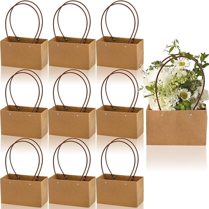 DEAYOU 10-Pack Kraft Paper Flower Gift Bags, Brown Bouquet Bag Box with Handle, Small Brown Paper... | Amazon (US)