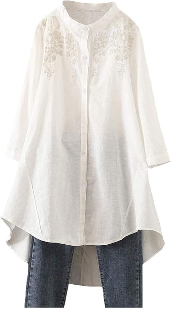 Minibee Women's Cotton Linen Shirt High Low Button Down Embroidered Blouse Long Sleeve Tunic Tops | Amazon (US)