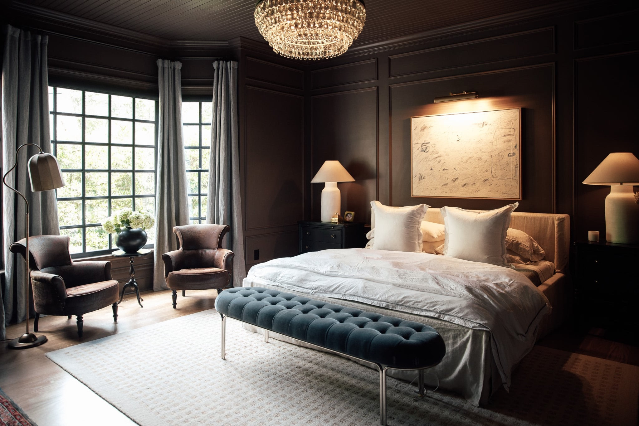 I’m a big fan of dark moody bedrooms 🫶🏻

Primary bedroom, bed, velvet bench, chandelier, bedding, shams, artwork, picture light, nightstands, lamps, vintage leather chairs, pedestal side table, vase curtains, rug

#LTKstyletip #LTKhome
