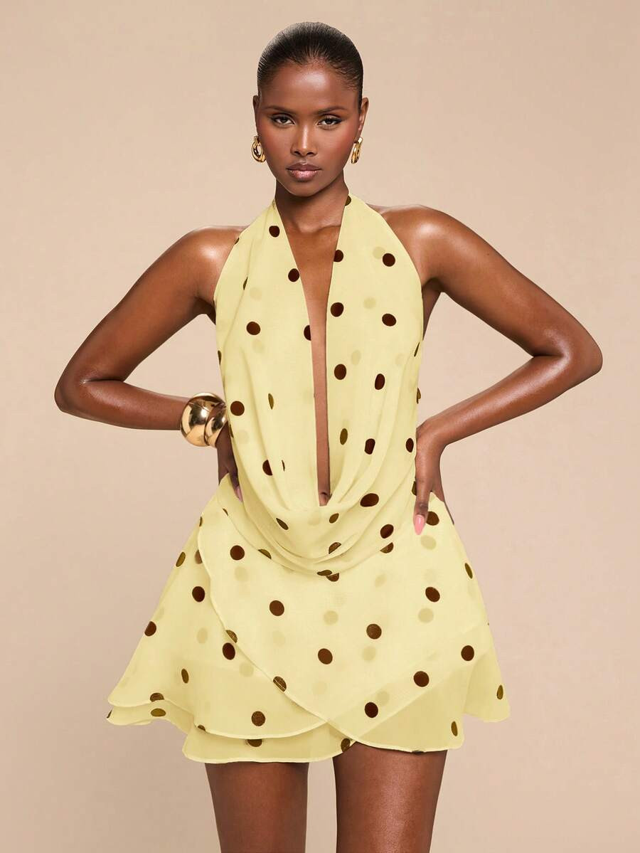 SHEIN BAE Women's Brown And Yellow Polka Dot Chiffon Draped Neck Backless Maxi Dress,70s Retro El... | SHEIN