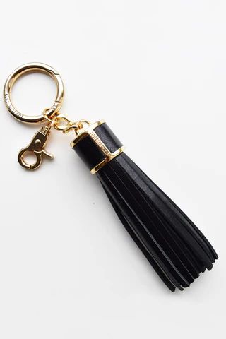Black Leather Tassel Bag Charm With Gold Hardware | Mel Boteri