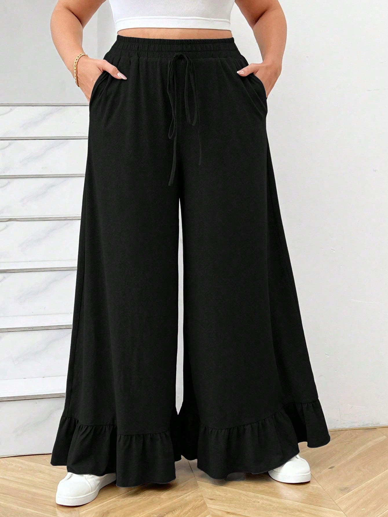 SHEIN Essnce Plus Size Plain Palazzo Pants With Pockets And Ruffle Hem | SHEIN USA | SHEIN