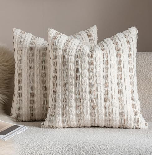 Caflife Boho Throw Pillow Covers 18x18 Inch Set of 2, Farmhouse Beige Striped Textured Chenille Decorative Couch Pillow Cases, Rustic Accent Cushion Covers for Sofa Bed Living Room Bedroom | Amazon (US)