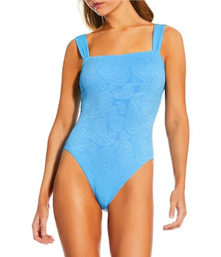 x Amanda Jones Vaughan Lala Jacquard Paisley Textured Square Neck One Piece Swimsuit | Dillard's