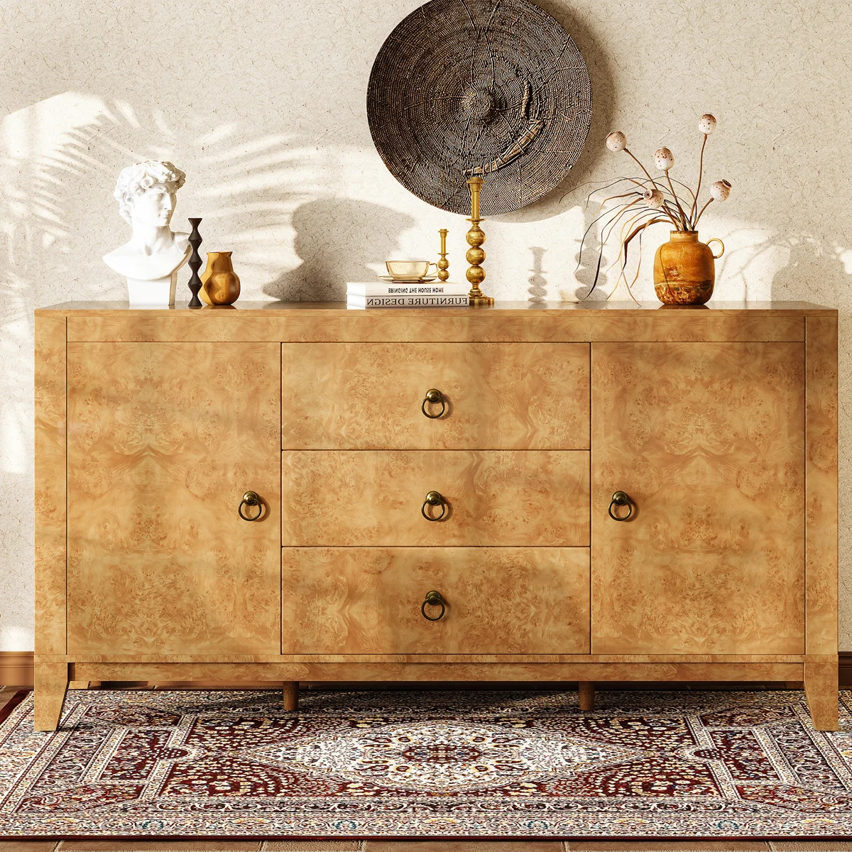 Dorne 60" Modern High Gloss Burl Sideboard with Adjustable Shelves, Yellow | Wayfair North America