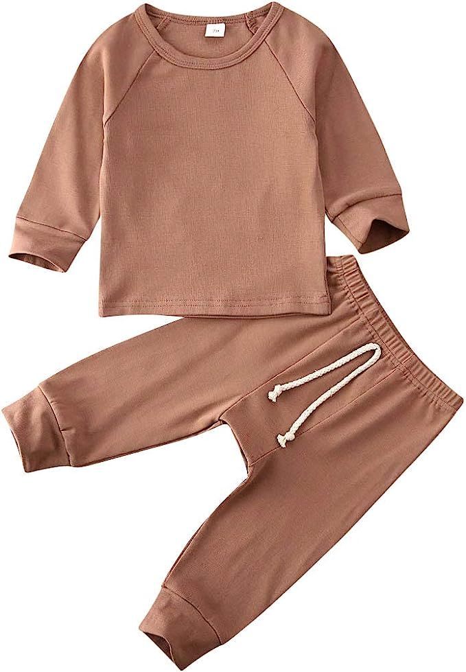 Newborn Baby Girl Solid Clothes Long Sleeve Sweatshirt T-Shirt Tops+Long Pants with Drawstring Fa... | Amazon (US)