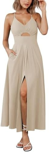 BTFBM Women 2026 Spaghetti Strap Midi Summer Dresses Sleeveless V Neck Cutout Slit Casual Beach P... | Amazon (US)
