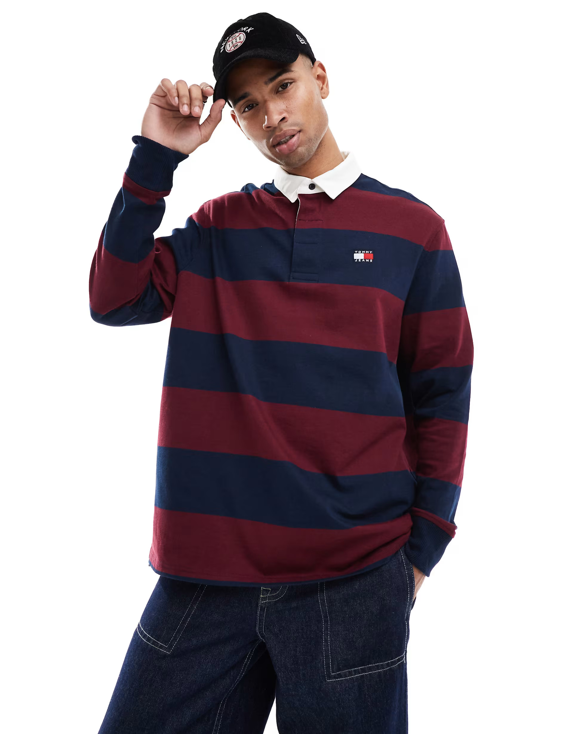 Tommy Jeans stripe rugby top in navy and burgundy | ASOS (Global)