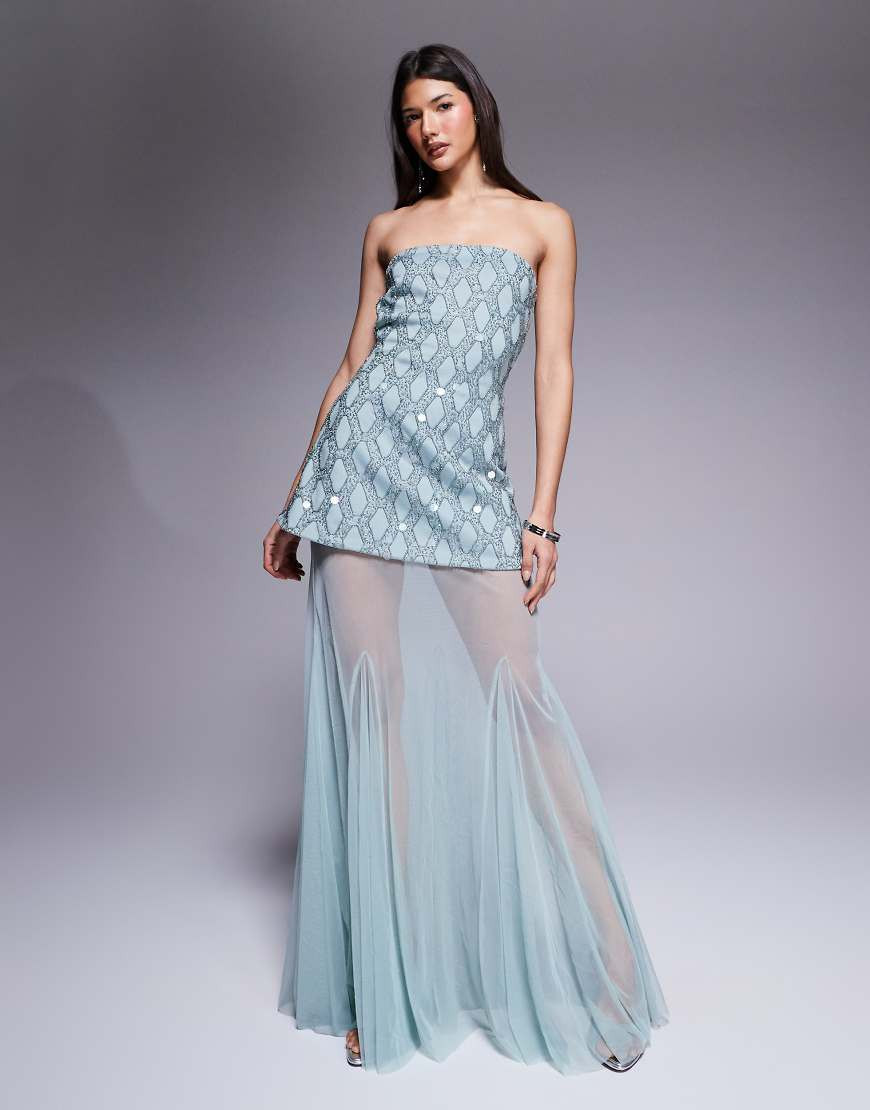 ASOS DESIGN Premium cutwork embellished structured maxi dress with sheer full skirt in blue | ASOS (Global)