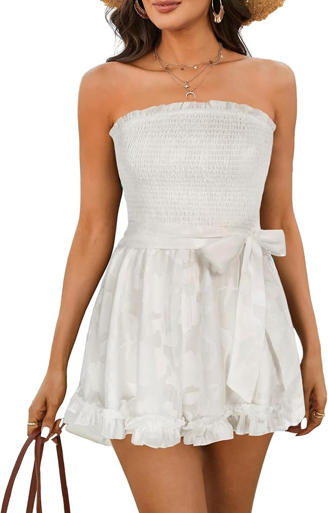 Zexxxy Women’s Summer Rompers Cotton Linen Smocked Short Jumpsuits Off Shoulder Ruffle Vacation... | Amazon (US)