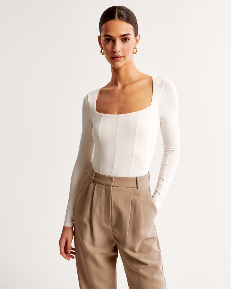 Long-Sleeve Cotton-Modal Squareneck Corset Bodysuit | Abercrombie & Fitch (US)