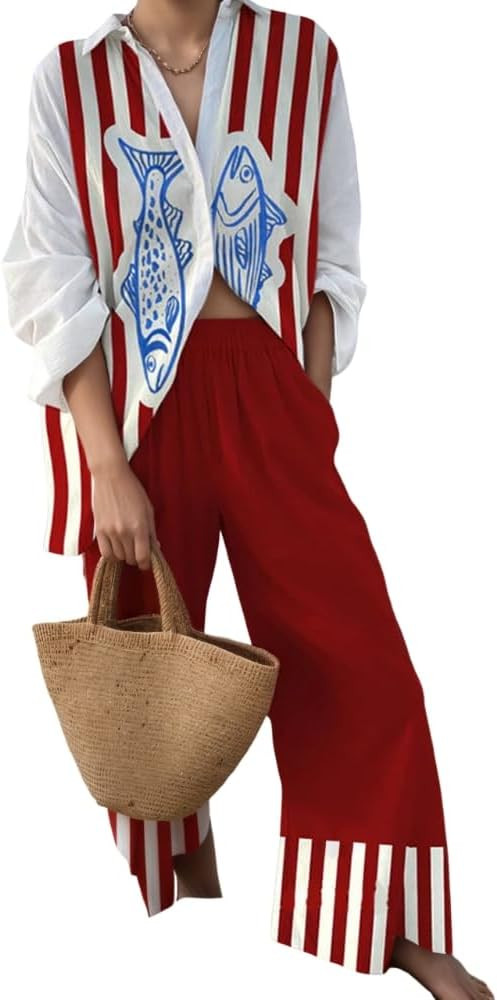 Akivide Womens Beach Vacation 2 Piece Outfits Long Sleeve Button Down Shirts and Matching Drawstr... | Amazon (US)