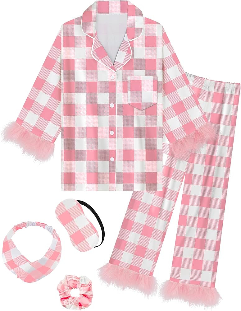 EPLAZA Kids Satin Pajamas for Girls Silk Pajamas Set 2-Piece Feather Long Sleeve Button Down Pjs ... | Amazon (US)