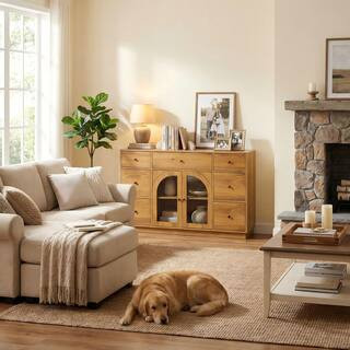 Natural Wood 35.8 in. H Large Storage Cabinet with 2 Doors and 7 Drawers for Living and Dining Room | The Home Depot