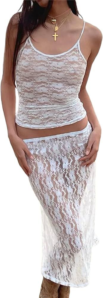 Women Sexy 2 Piece Maxi Skirt Set Sheer Floral Lace Crop Tube Top Bodycon Long Skirt Y2K 2Pcs Out... | Amazon (US)