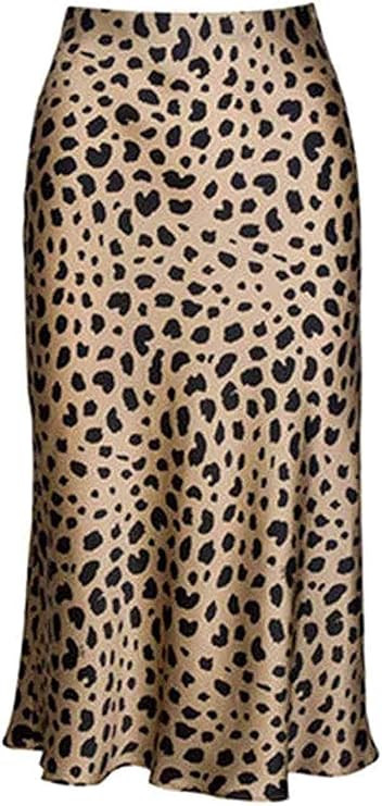 Keasmto Leopard Midi Skirt Plus Size for Women High Waist Silk Satin Elasticized Skirts | Amazon (US)