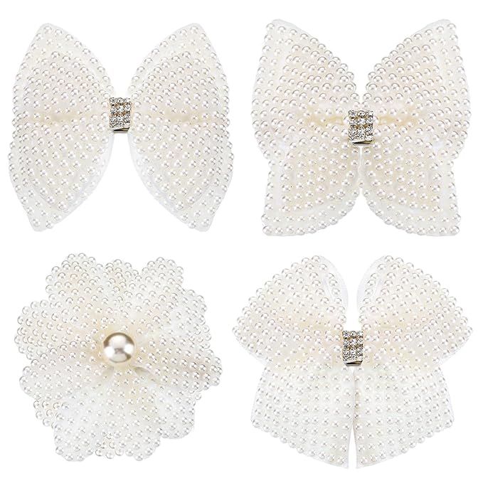 4 Pieces White Rhinestone Hair Bows for Girls Cute Pearls Hair Bow with Alligator Hair Clips Bead... | Amazon (US)