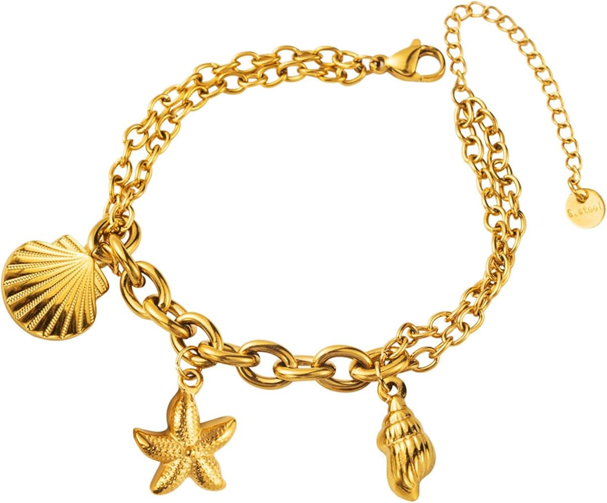 Bi&Yamigeo Gold Ocean Charm Link Bracelets for Women Adjustable Seashell Conch Seastar Turtle Dol... | Amazon (US)