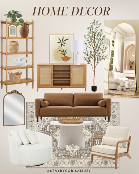 Walmart home decor, neutral home decor, leather couch, shelf decor, anthro mirror dupe, coffee table, faux plant, accent chair 

#LTKhome #LTKstyletip #LTKfindsunder100