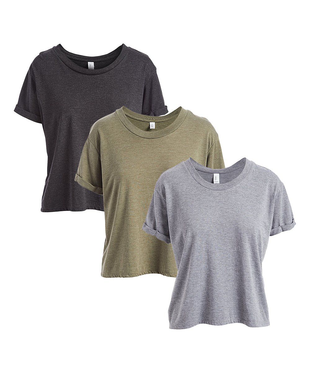 Military Green & Heather Black Short-Sleeve Crop Tee Set - Women | Zulily