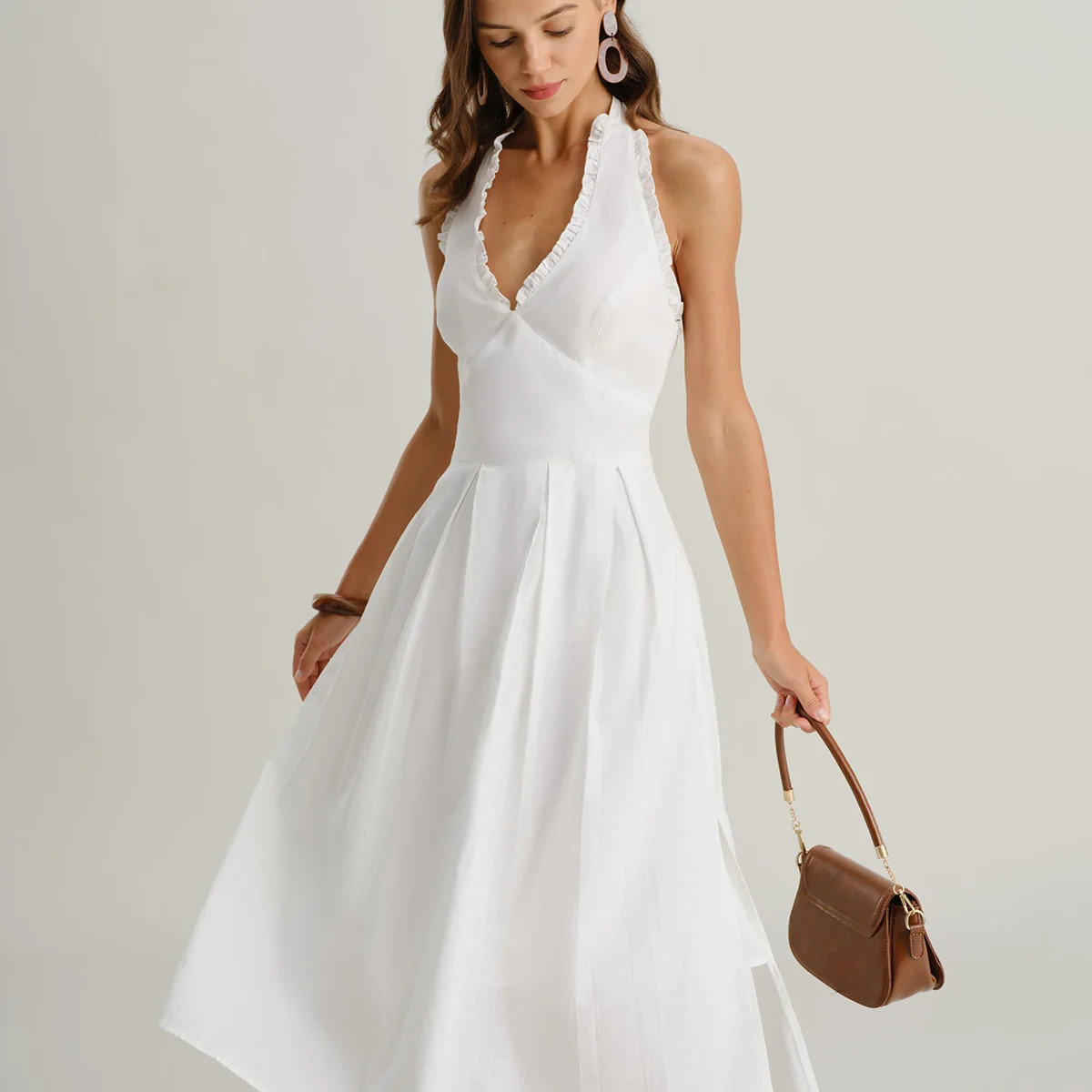 White V Neck Halter Sleeveless Midi Dress & Reviews - White - Dresses | RIHOAS | rihoas.com