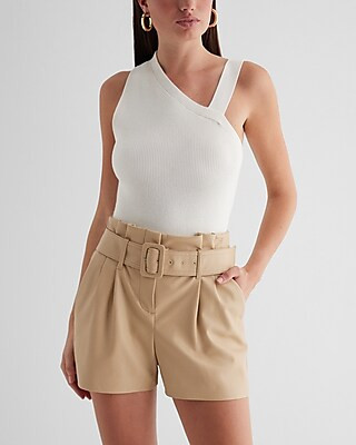 Express Women's Super High Waisted Faux Leather Belted Paperbag Shorts | Express