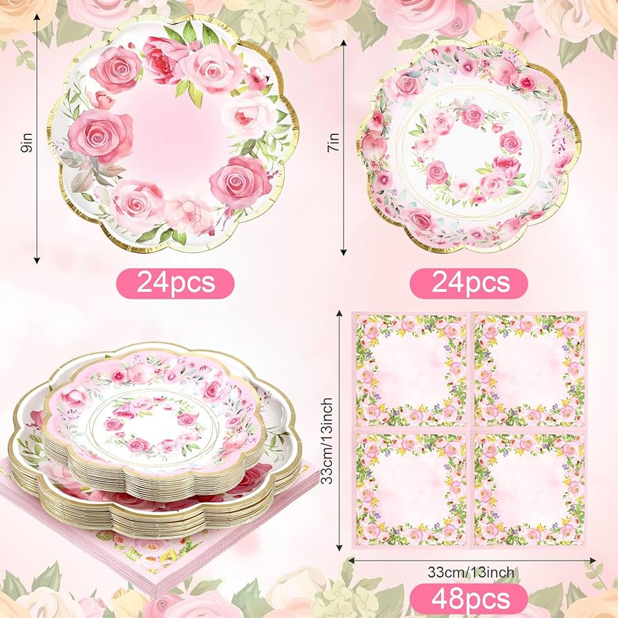 96 Pcs Pink Floral Plates and Napkins Serve 24, Disposable Paper Plates Scalloped Dinner Plates 2... | Amazon (US)