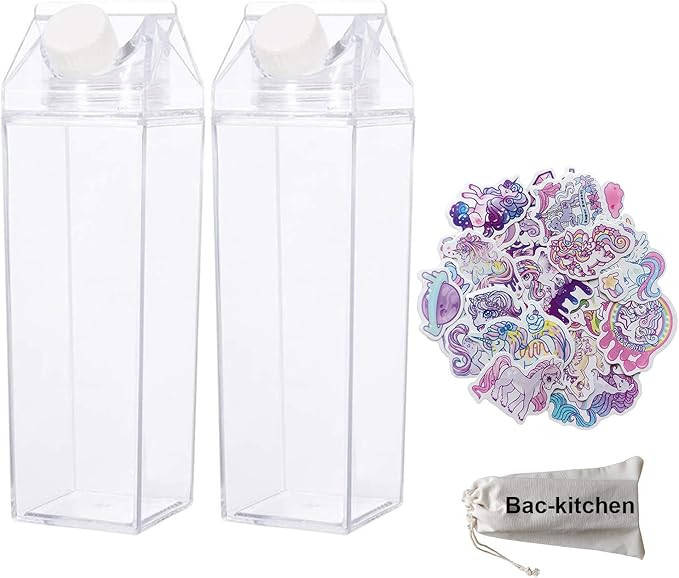 2 Pack Milk Carton Water Bottle - Clear Square Milk Bottles BPA Free Portable Water Bottle with 2... | Amazon (US)
