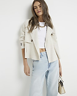 Beige cropped linen blend jacket | River Island (UK & IE)
