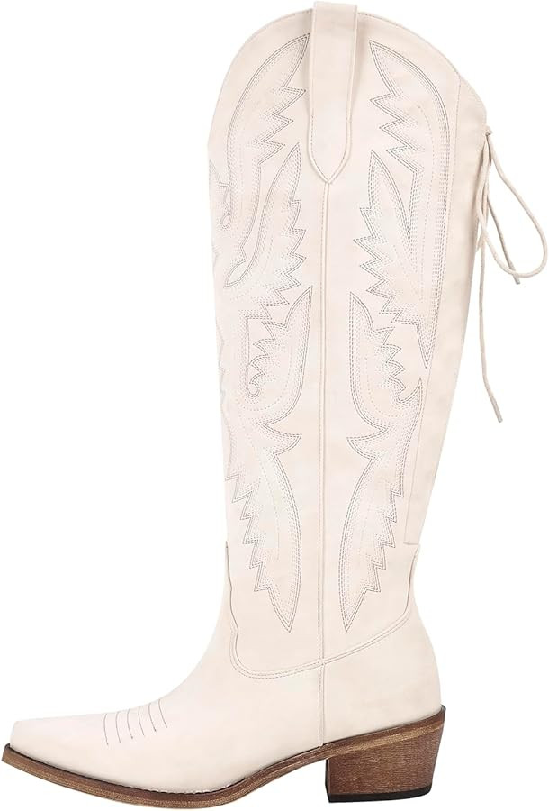 Atuelang Western Cowboy Boots for Women Knee High Wide Calf Lace Up Embroidered Cowgirl Boots | Amazon (US)