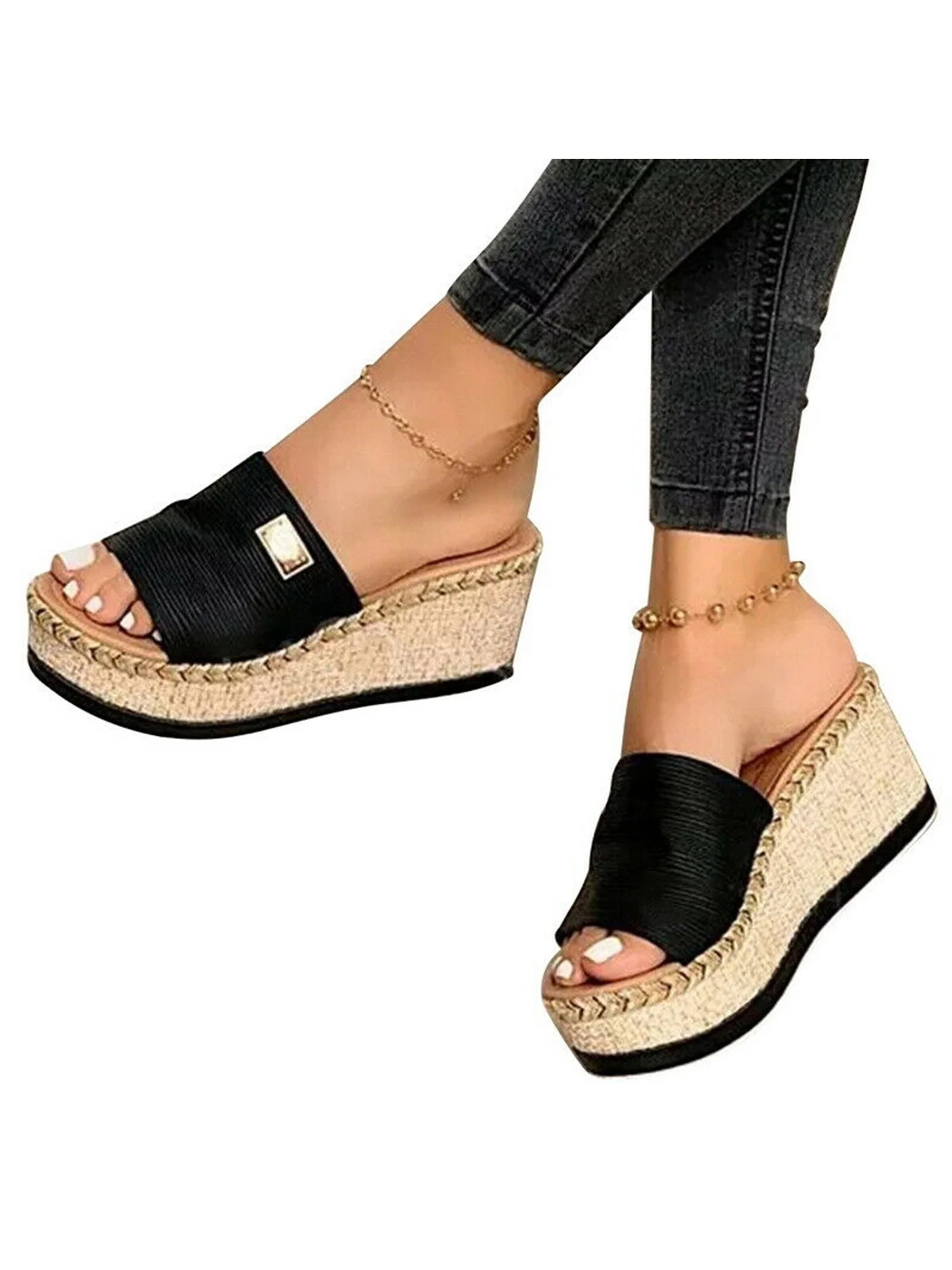 Lacyhop Womens Wedges Sandals Espadrilles Platform Sandals Summer Beach Slip On Shoes Black Size ... | Walmart (US)