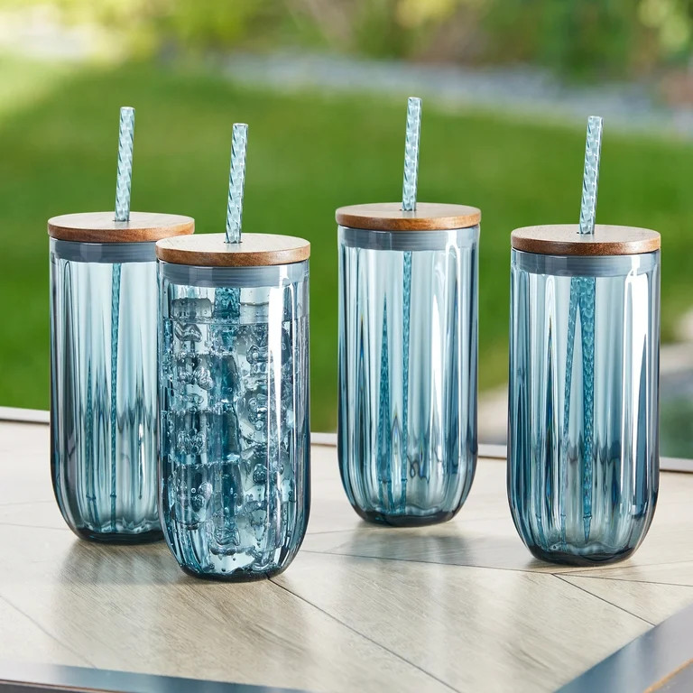 Better Homes & Gardens 4-Piece 21-Ounce Tritan Plastic Sipper and Straw with Acacia Wood Lid Set,... | Walmart (US)