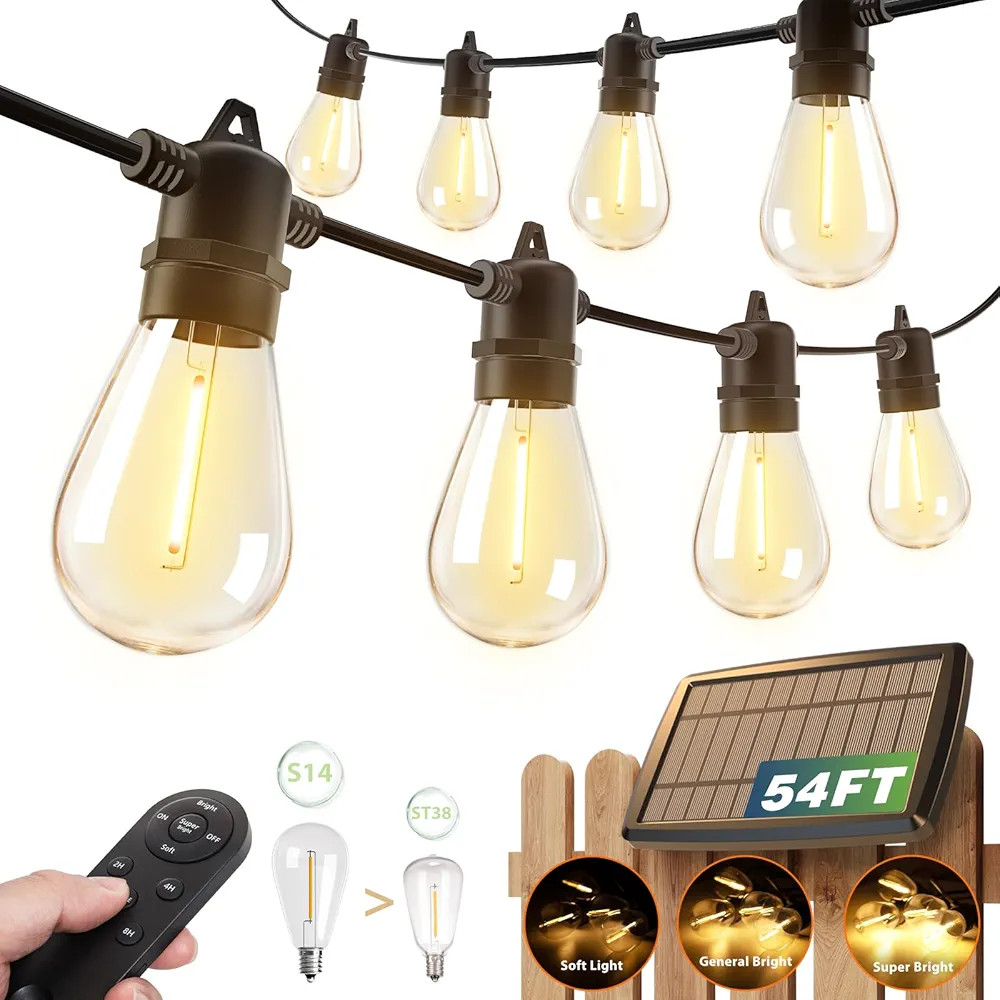 addlon 54FT(48+6) Solar String Lights Outdoor Waterproof with USB Charging & Remote Control - Dim... | Amazon (US)