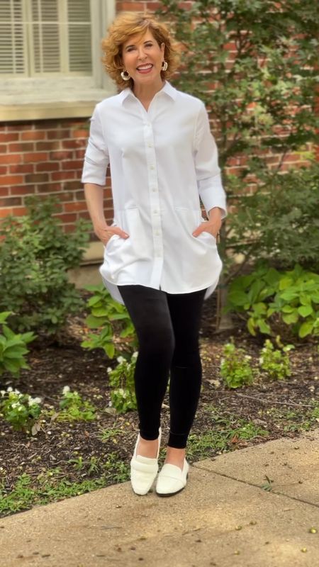White tunic shirt, white poplin tunic, long white shirt, shirt with pockets, velvet leggings, white loafers, white boucle loafers

Long white poplin shirts are a huge trend right now! I love this one - it’s such a flattering length over leggings + it has pockets!

I paired it with black leggings and comfy white boucle loafers!
#competition

#LTKstyletip #LTKshoecrush #LTKFind