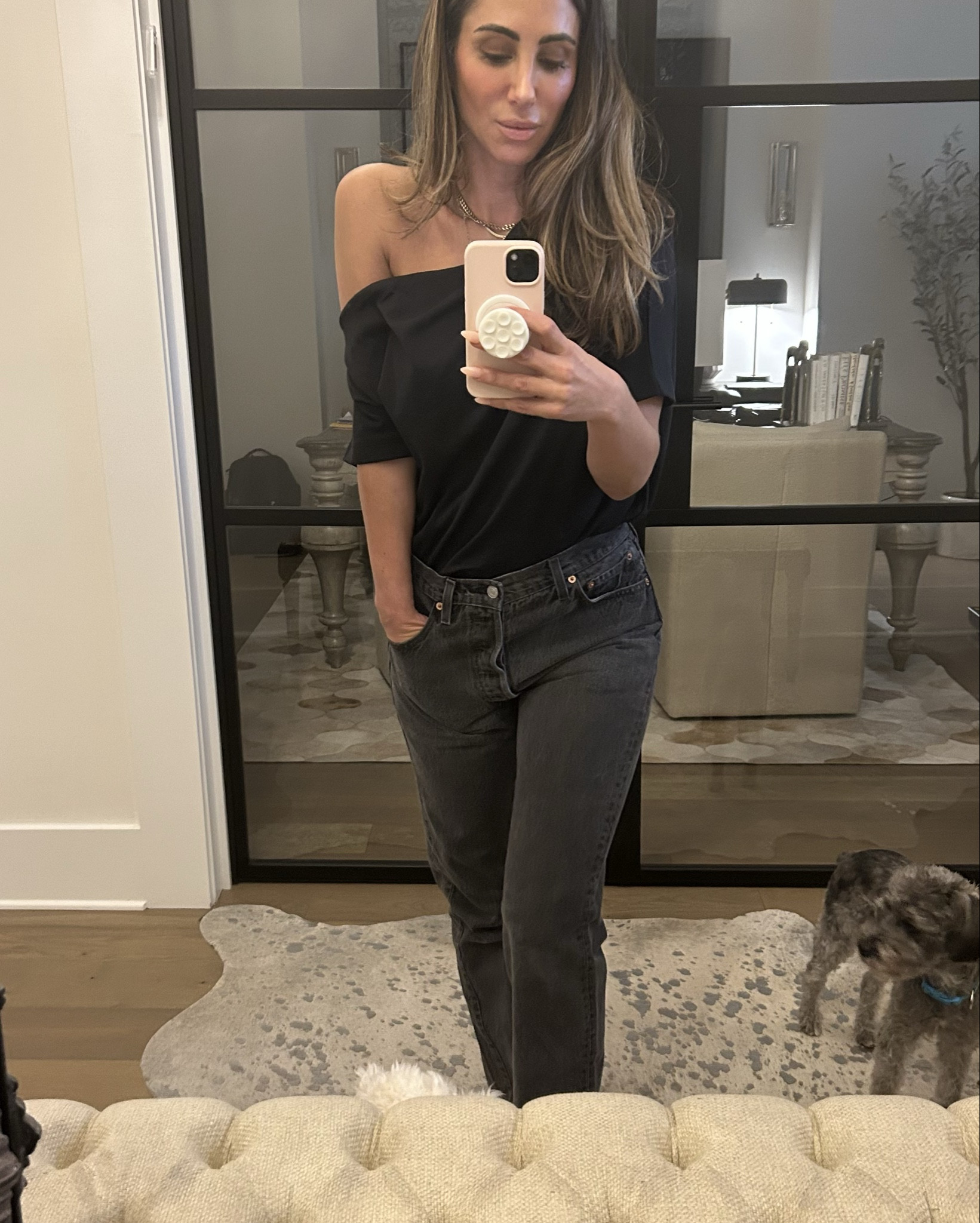 Love off the shoulder moment and definitely the monochromatic black on black. 

#LTKStyleTip #LTKOver40 #LTKSeasonal