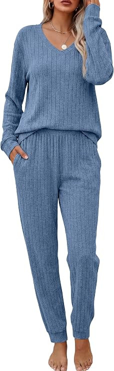 Ekouaer Women's 2 Piece Long Sleeve Lounge Set Ribbed Knit Pajamas Set | Ribbed Knit Fabric, Soft... | Amazon (US)