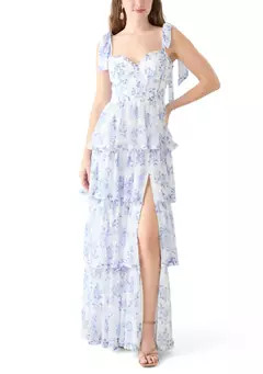 B. Darlin Women's Sleeveless Tie Shoulder Floral Slit Leg Gown | Belk